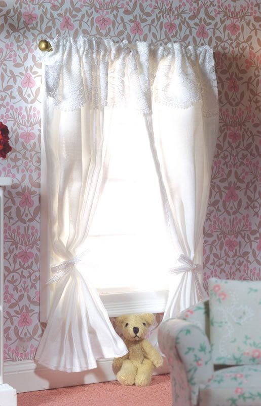 Two Pairs White Curtains on a Rail for 12th Scale Dolls House