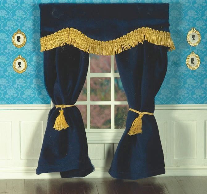 Plush Navy Blue Velvet Curtains for 12th Scale Dolls House