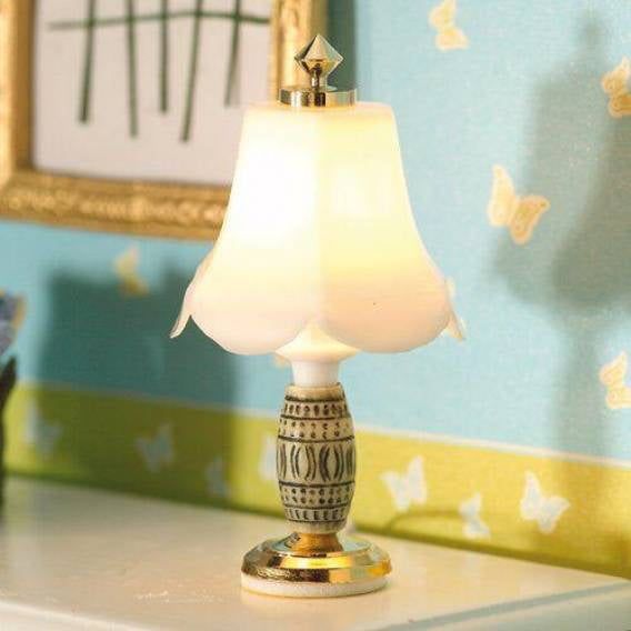 White frosted lamp with decorative ceramic and brass base for 1:12 Scale Dolls House