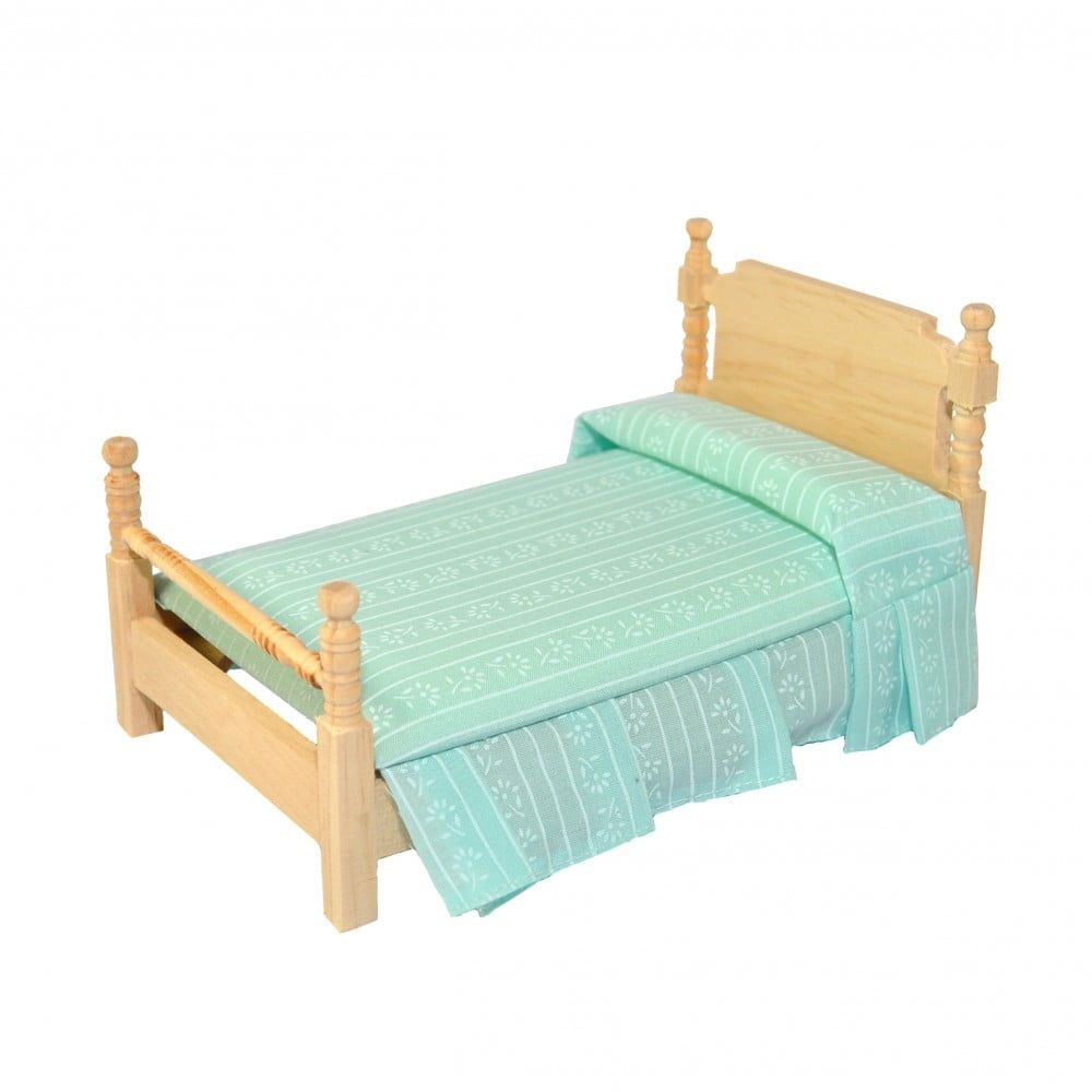 Bare Wood Single Bed with Turquoise Bedding for 12th Scale Dolls House