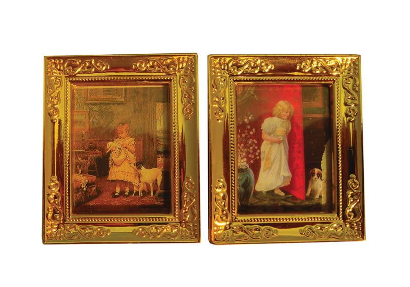 Children with Pets Framed Pictures x 2 for 12th Scale Dolls House