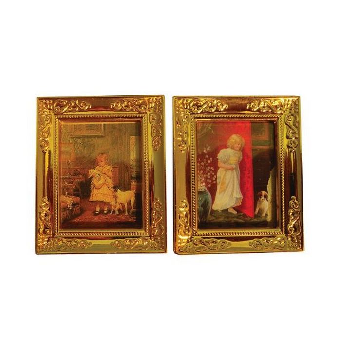 Children with Pets Framed Pictures x 2 for 12th Scale Dolls House