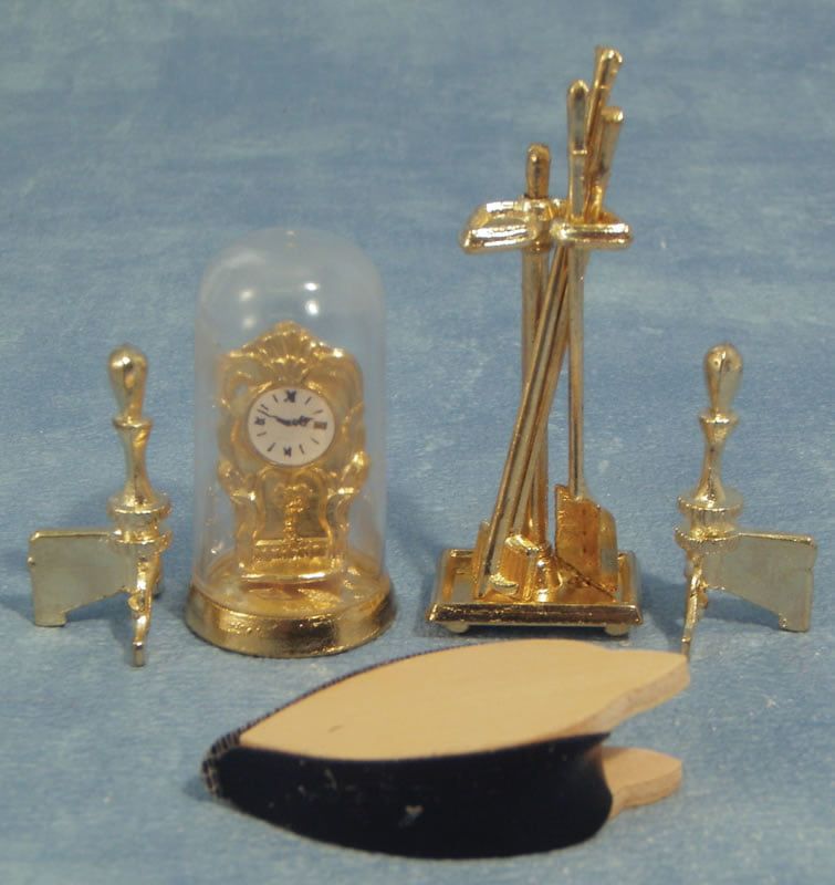 Fireplace Tools and Clock in Brass Effect for 12th Scale Dolls House