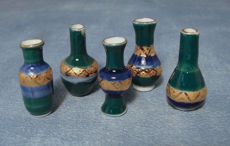 Green, Blue and Gold Vases x 5 for 12th Scale Dolls House
