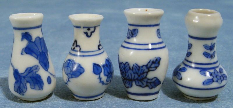 Blue Floral Vases x 4 for 12th Scale Dolls House