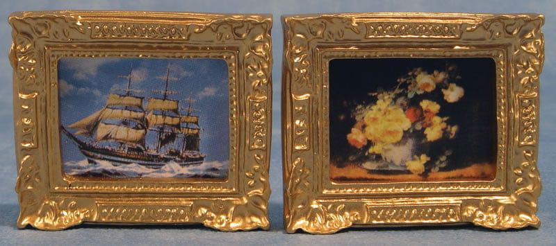 Gold Framed Pictures x 2 for 12th Scale Dolls House