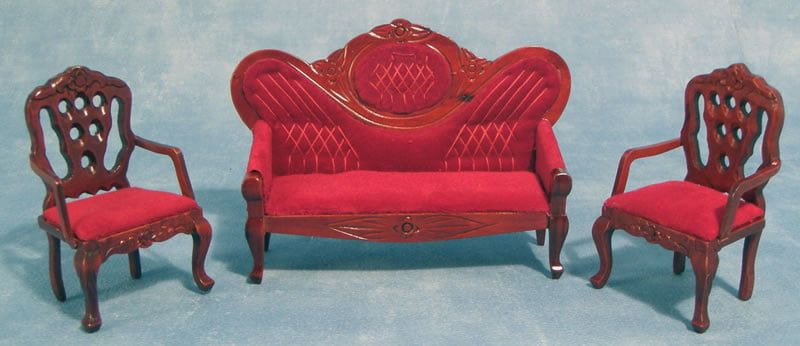 Sofa and Two Chairs in Red Upholstery for 12th Scale Dolls House