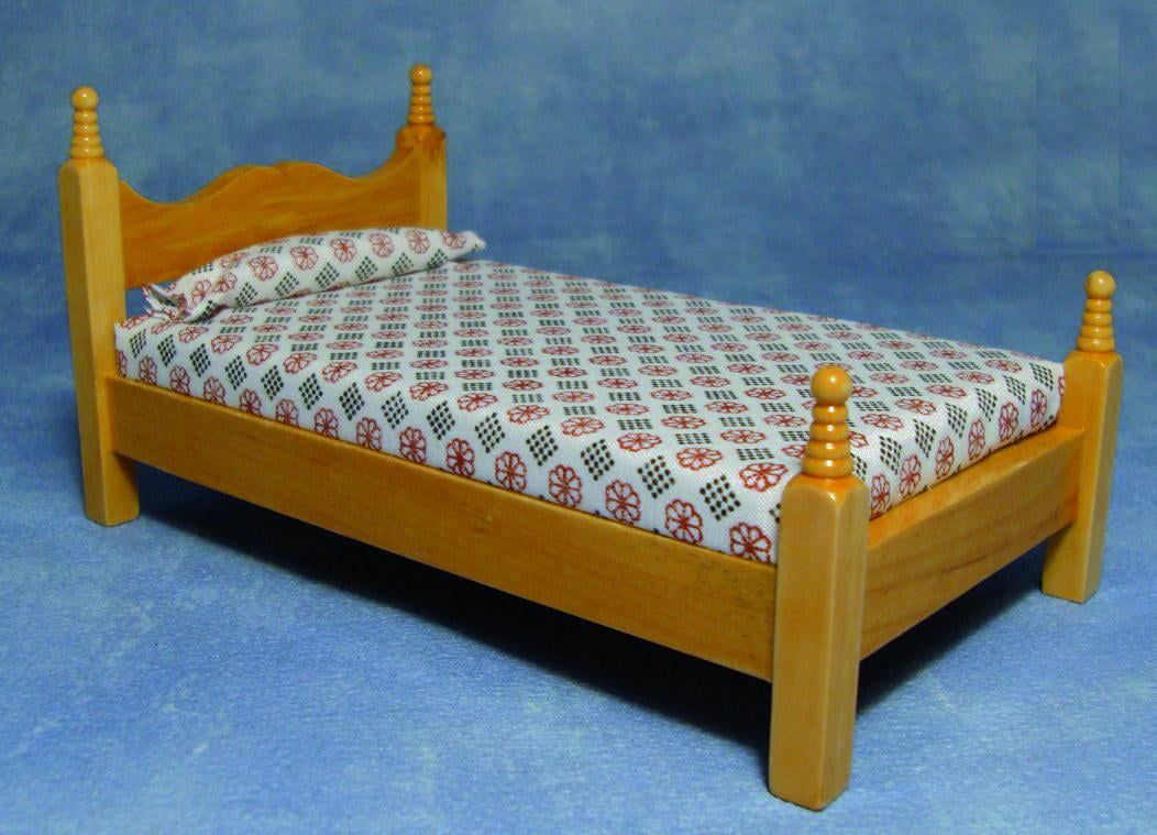 Pine Single Bed and Mattress for 12th Scale Dolls House