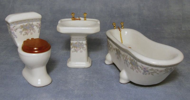 Blue Floral Bathroom Suite Set with Gold Fittings for 12th Scale Dolls House