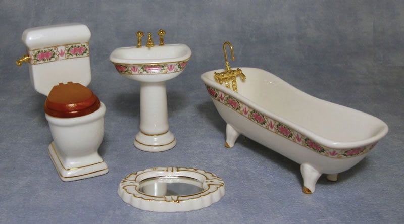 Deluxe Gold Edge Floral Bathroom Set for 12th Scale Dolls House
