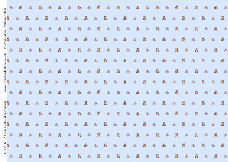 Block and Bear Blue Nursery Wallpaper 297mm x 420mm for 1/12 Scale Dolls House