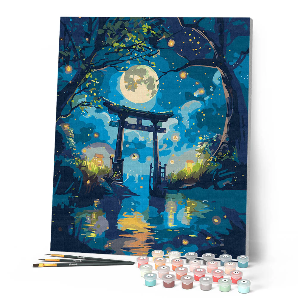 Figured'Art Moonlit Torii and Fireflies Rolled Canvas Painting By Numbers Kit
