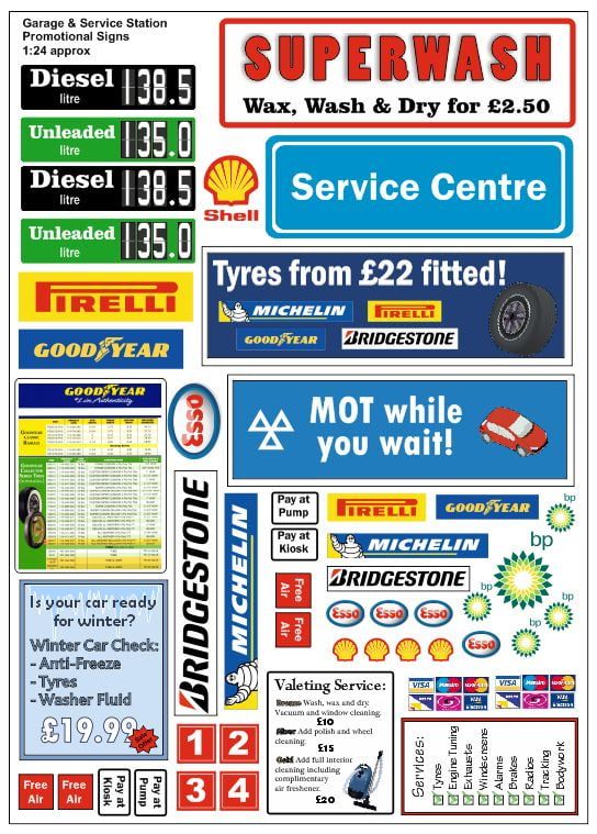 Garage and Service Station Promotional Signs 1:24, 1:43 and 1:76 Scales
