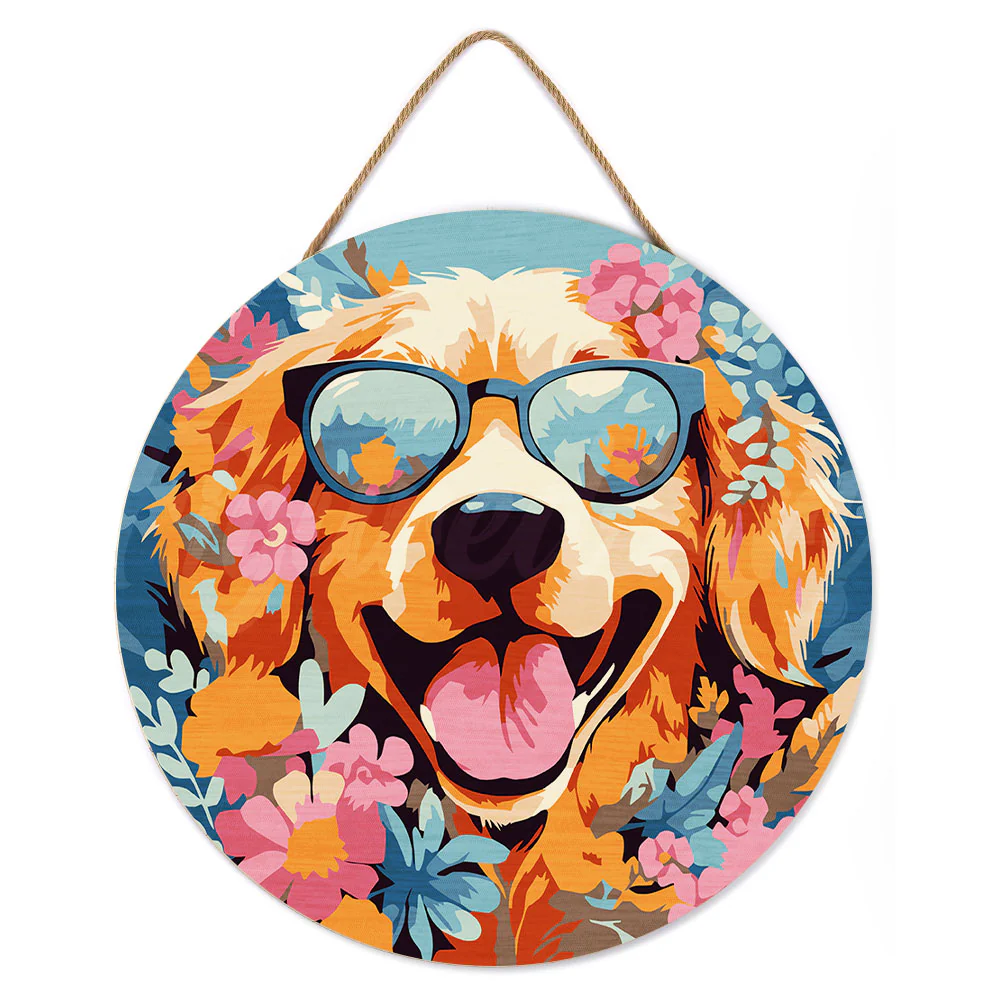 Figured'Art Dog and Flowers Hanging Wood Slice Painting By Numbers Kit