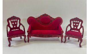 Sofa and Two Chairs in Red Upholstery for 12th Scale Dolls House