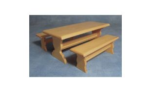 Pine Long Table and 2 Benches for 12th Scale Dolls House