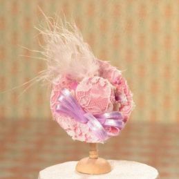 Pink Hat With Lace & Feather Trim for 12th Scale Dolls House