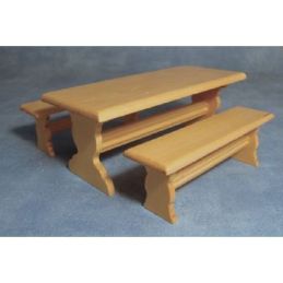 Pine Long Table and 2 Benches for 12th Scale Dolls House