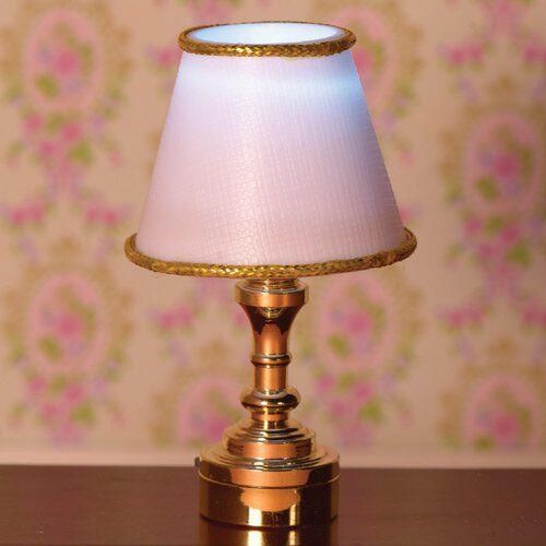 Brass Effect Table Lamp with Classic White Shade for 12th Scale Dolls House