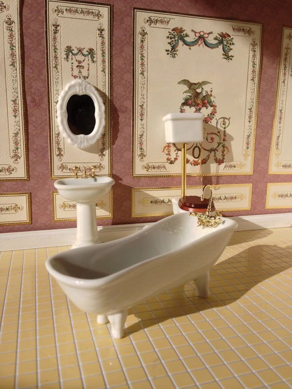Classic White and Gold 4 Piece Bathroom Suite with High Level WC for 12th Scale Dolls House