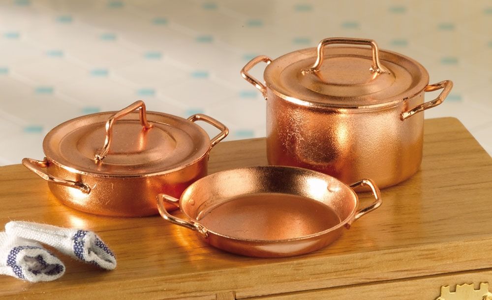 Two Casseroles & Skillet for 12th Scale Dolls House