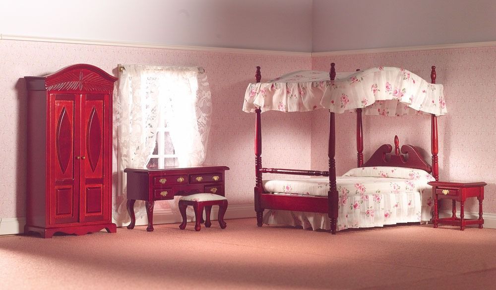 Traditional Bedroom Set with Four-Poster Bed Mahogany for 12th Scale Dolls House