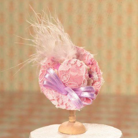 Pink Hat With Lace & Feather Trim for 12th Scale Dolls House
