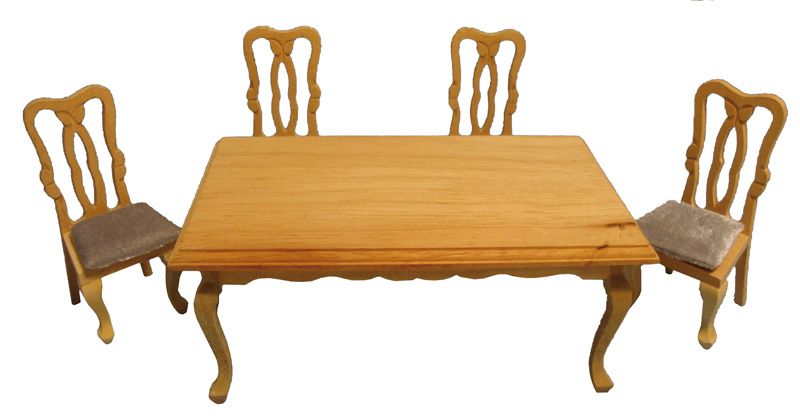 Bare Wood Rectangle Table with 4 Chairs for 12th Scale Dolls House