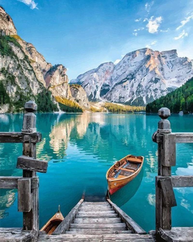 Figured'Art Boat on the Mountain Lake Printed Cross Stitch Kit