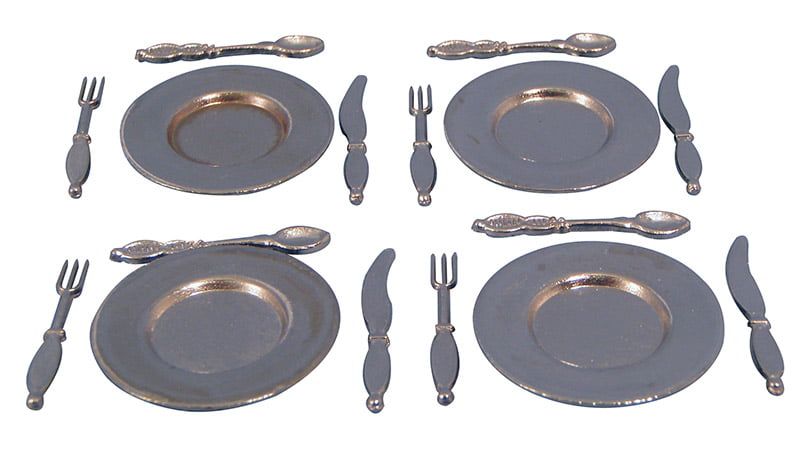 Place Metal Plate Cutlery Set x 4 for 12th Scale Dolls House