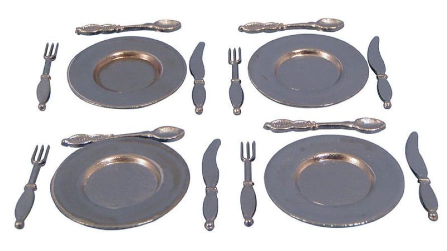 Place Metal Plate Cutlery Set x 4 for 12th Scale Dolls House