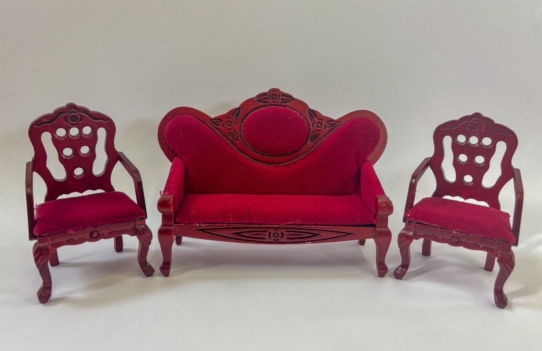 Sofa and Two Chairs in Red Upholstery for 12th Scale Dolls House