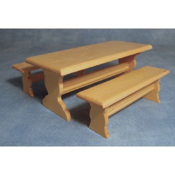 Pine Long Table and 2 Benches for 12th Scale Dolls House