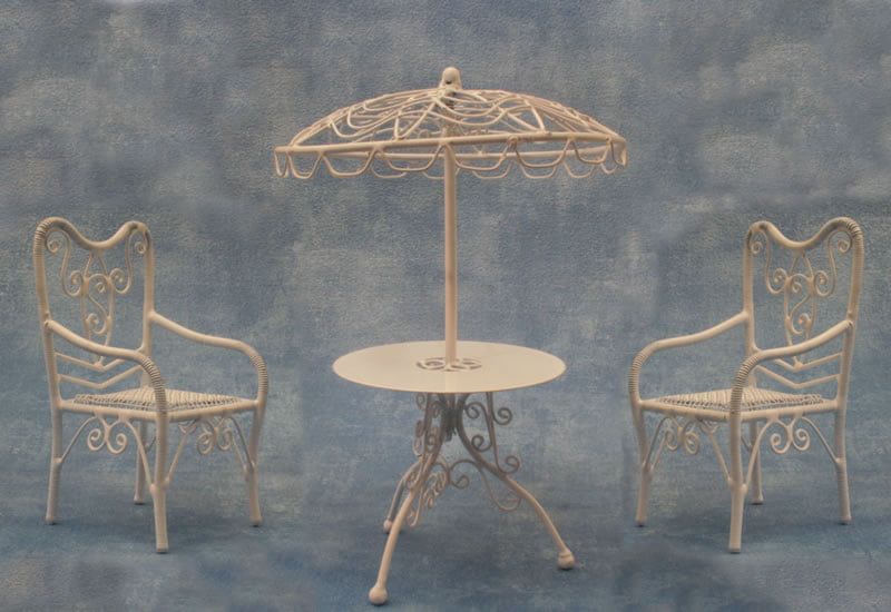 White Parasol Table and 2 Chairs for 12th Scale Dolls House