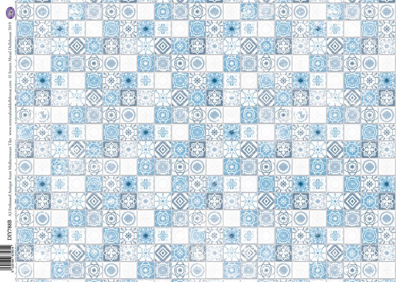 Embossed Antique Blue Mediterranean Wall/ Floor Tiles Card for 12th Scale Dolls House