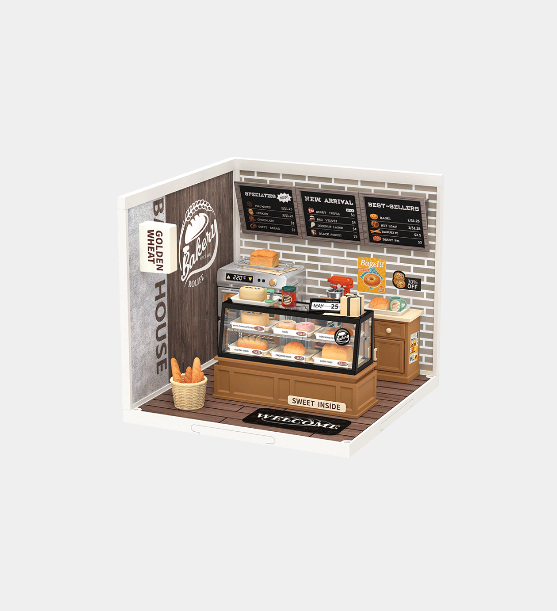 Rolife Daily Golden Wheat Bakery Plastic DIY Miniature Dollhouse Kit 