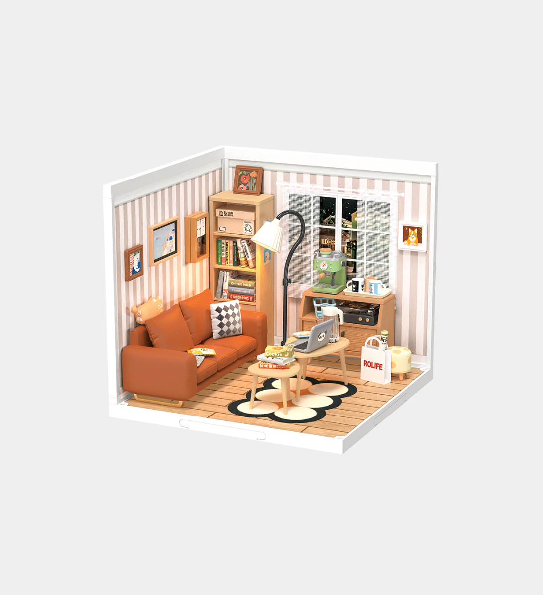 Rolife Cozy Living Lounge Plastic DIY Miniature Dollhouse Kit 