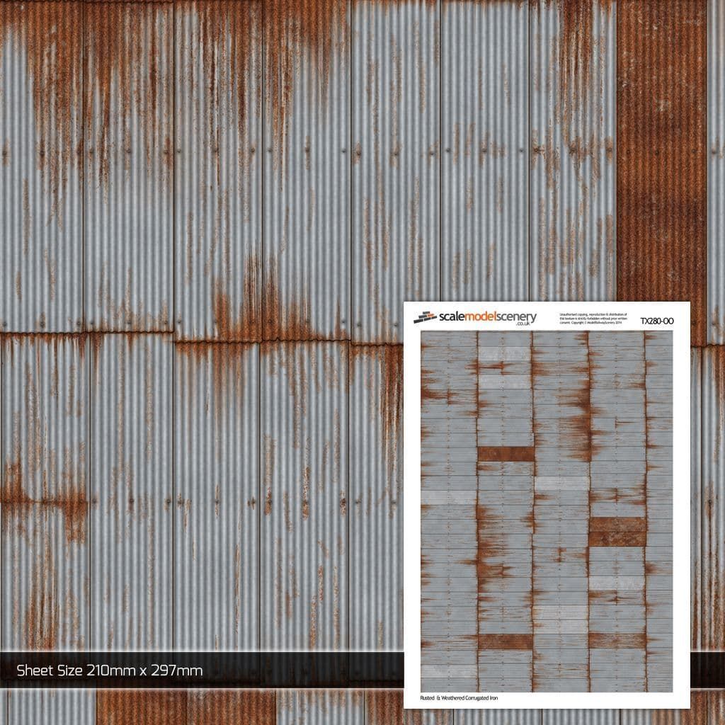 Scale Model Scenery Rusty & Weathered Corrugated Iron Texture Paper (Pack of 5) OO Gauge