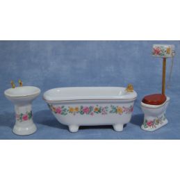 Dolls House White Bathroom Suite with Gold Pink Edging Porcelain Furniture Set 