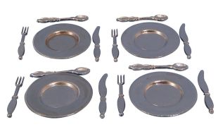 Place Metal Plate Cutlery Set x 4 for 12th Scale Dolls House
