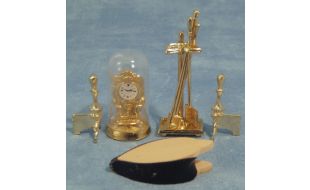 Fireplace Tools and Clock in Brass Effect for 12th Scale Dolls House