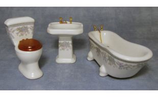Blue Floral Bathroom Suite Set with Gold Fittings for 12th Scale Dolls House
