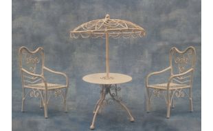 White Parasol Table and 2 Chairs for 12th Scale Dolls House