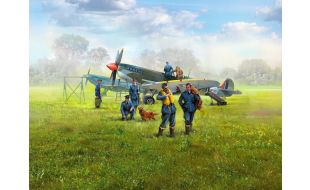 ICM 1/48 Scale WWII RAF Airfield Set, Spitfire Mk.IX & Spitfire Mk.VII, RAF Pilots & Ground Personnel (7 Figures) Model Kit