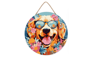 Figured'Art Dog and Flowers Hanging Wood Slice Painting By Numbers Kit